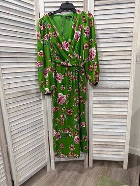 Kensie Bright Green Floral Wrap Maxi Dress with Pink Blooms